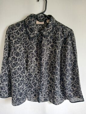 IEdesigned Black Blouse with White Circle Print 100% Silk Semi Sheer Sz12